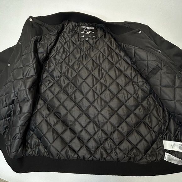 True Religion Jacket Mens 2XL Button Snap Satin Bomber Black Horseshoe Logo - Picture 8 of 16